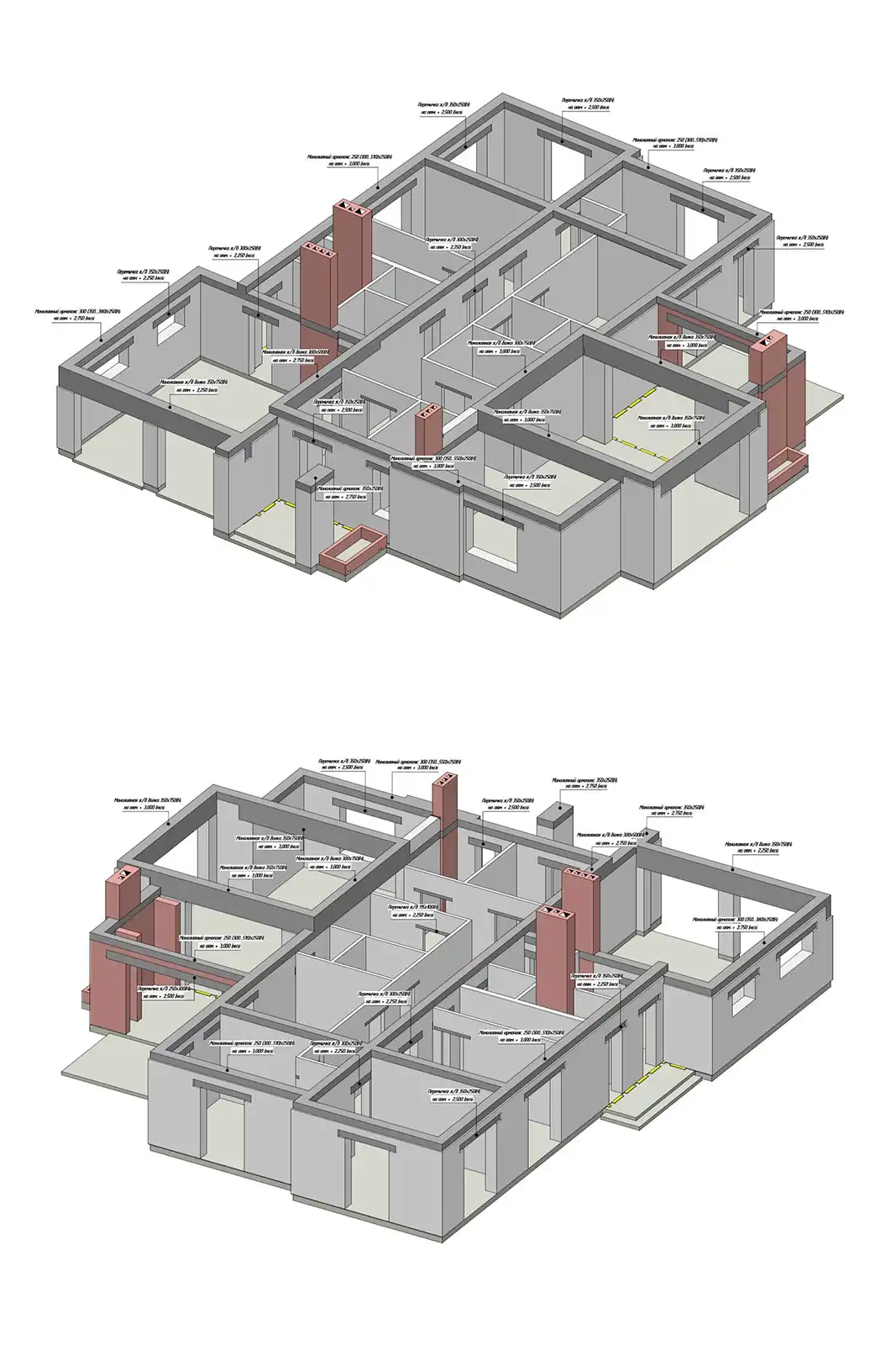 BIM модель типового проекта дома – аксонометрия армопояса перемычек