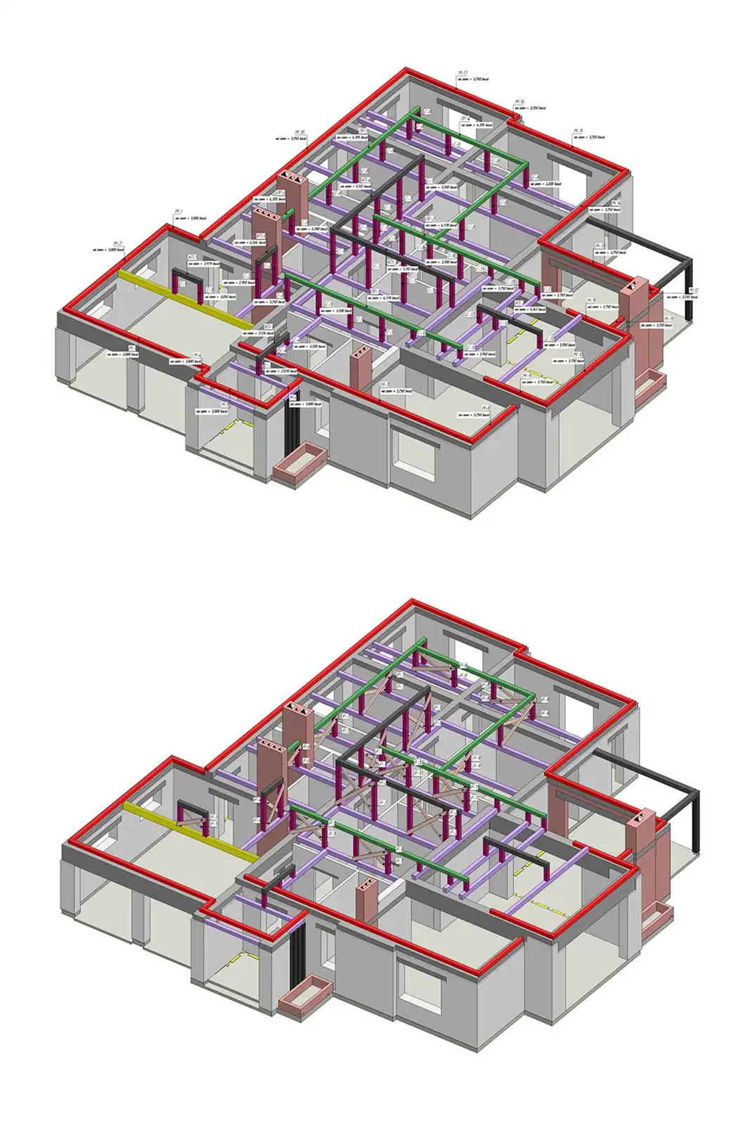 BIM модель типового проекта дома – аксонометрия несущих конструкций крыши