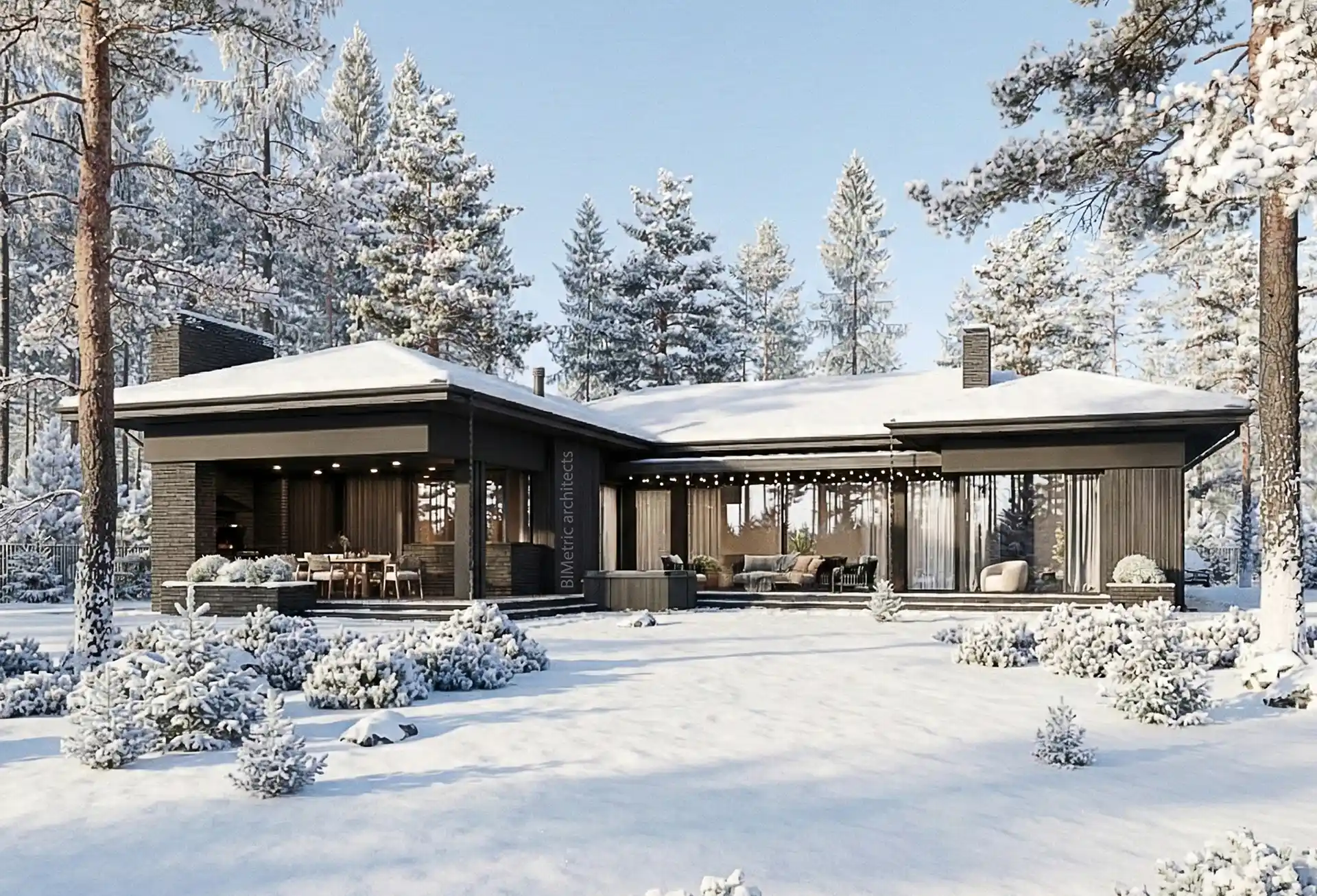 Архитектурный BIM проект частного дома с панорамным остеклением от BIMetric architects, дистанционная разработка