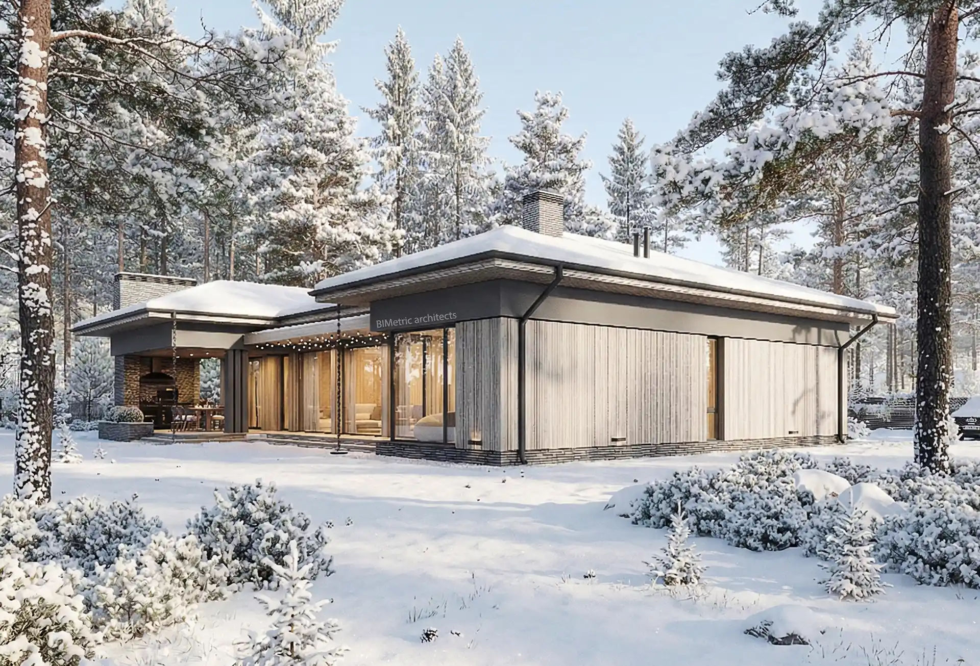 Дистанционное BIM проектирование современного частного дома в зимнем лесу — BIMetric architects